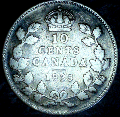1935 Canadian 80% Silver 10 Cents King George V Circulated Canada