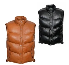 MEN'S GENUINE LAMBSKIN LEATHER BUBBLE PUFFER VEST BLACK & TAN  SIZE XXS~3XL