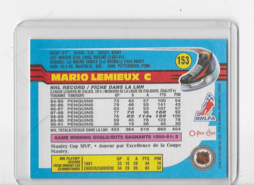 1991-92 O-PEE-CHEE  #153   MARIO LEMIEUX   C   PITTSBURGH PENGUINS - Picture 2 of 2
