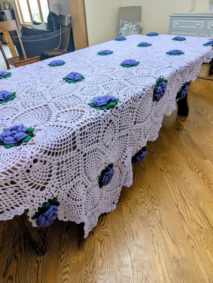 IMPRESIONANTE Manta Afgana Grande Flores Púrpura Lavanda 3D Crochet Foto 2 de 4