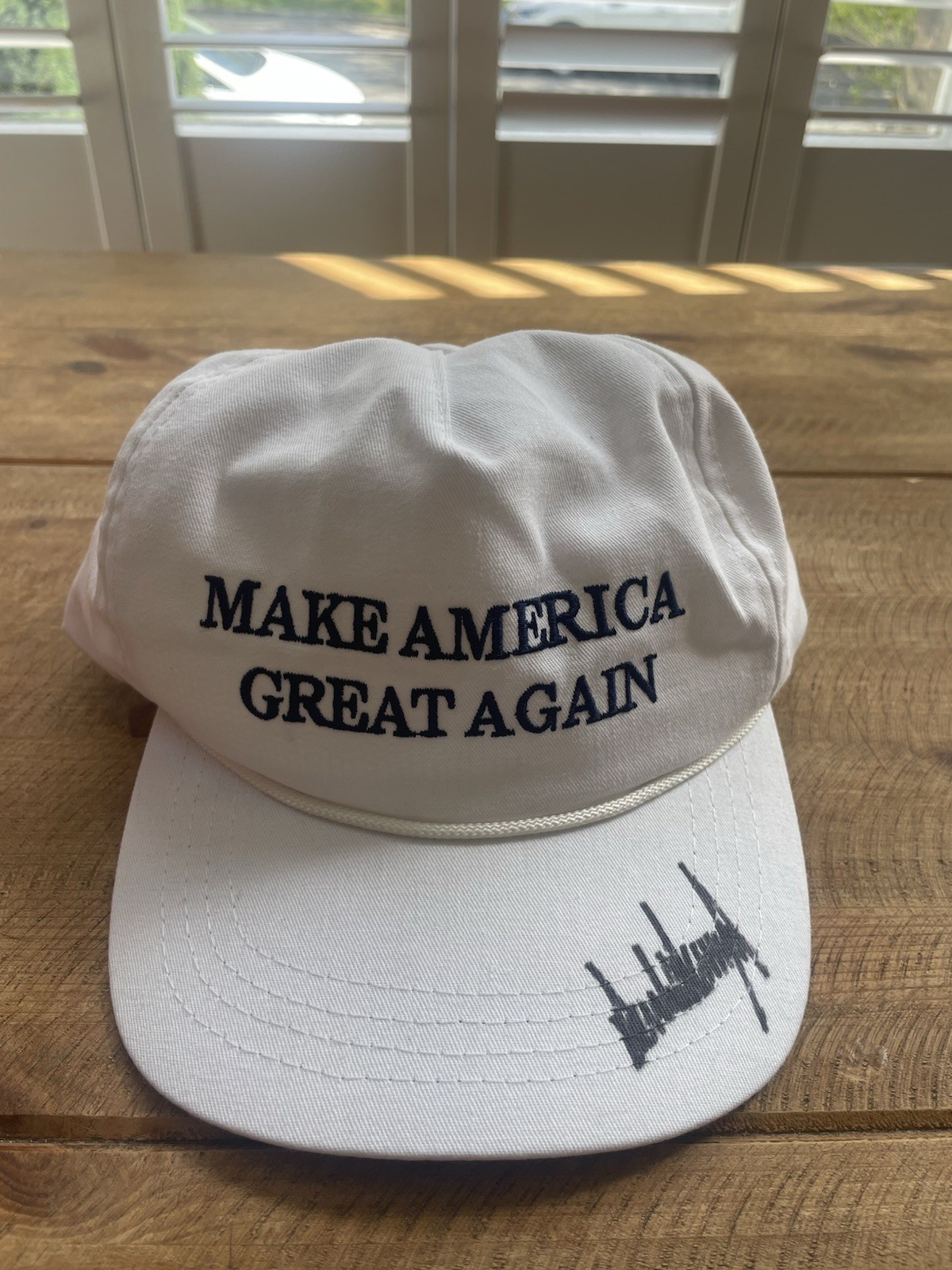 SIGNED DONALD TRUMP MAGA HAT WHITE WITH EMBROIDERED TEXT  RARE. Open to offers