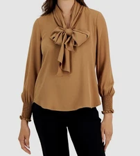 Anne Klein Women's Brown Blouson-Sleeve Tie-Neck Top Size XS