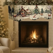 Christmas Fireplace Mantel Cover X-Long 78.7"x19.6" Winter Deer Snow Cottage NEW