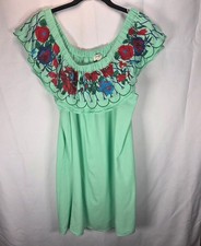 Umgee Women L Green Floral Embroidered Ruffle Off The Shoulder Boho Mini Dress