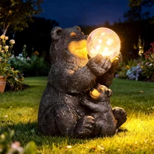 Solar Garden Statues Loving Bear Figurine with Ballon Lights for Outside, Yard D