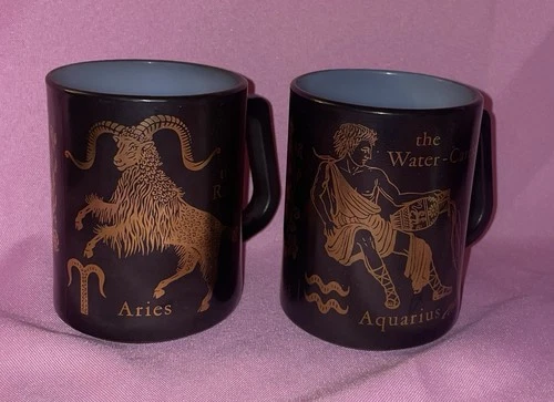 Vtg Aries & Aquarius Zodiac Astrology FEDERAL MCM Milkglass Black & Gold MUG