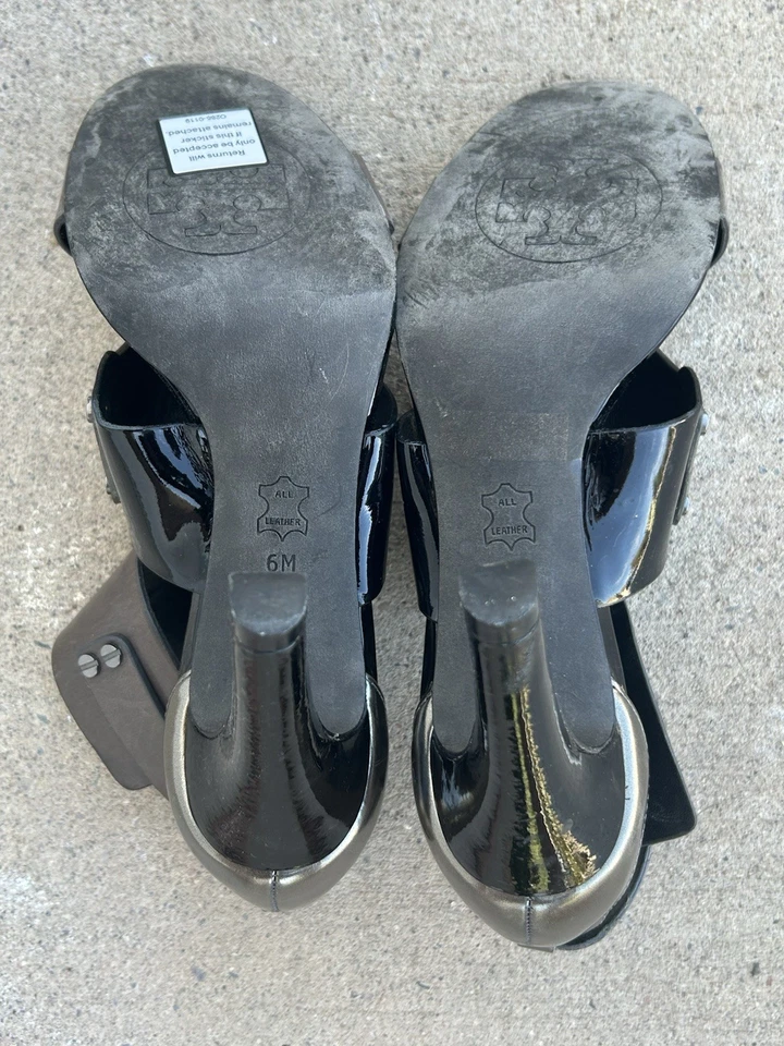 ZAPATOS TORY BURCH TACÓN ALTO CUERO Metálico Teagan Gladiador TALLA 6 Foto 4 de 4