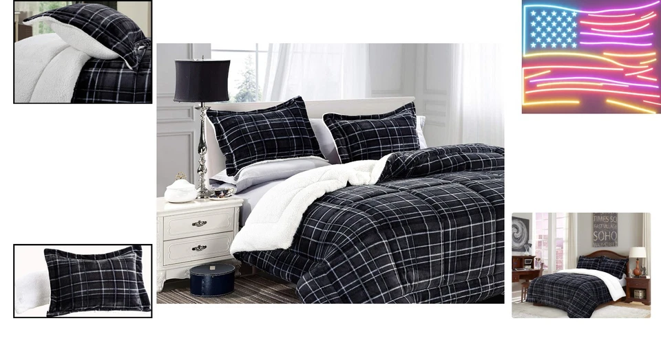 Ultra-Soft Plaid Sherpa Backing 3-Piece Comforter Set Full/Queen - Modern Design - Image 2 of 4