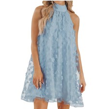 Light Blue Floral Applique Halter Neck Dress  2XL