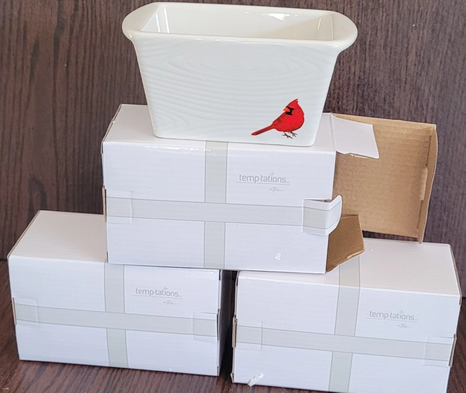 S/3 Temptations 6” Mini Loaf Pan 12oz Winter Woodland White Cardinal w/ Gift Box