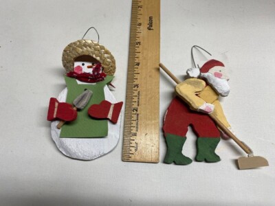 2  Balsa Wood Christmas Ornaments~ Santa's Farm- 4'' tall- Barbara Corcoran Clark