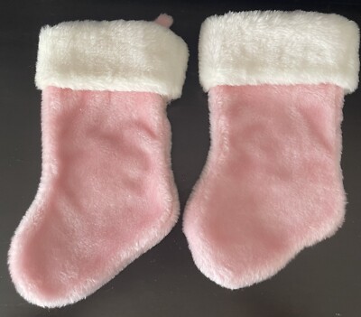 (2) Baby Girl Twins Light Pink/White Soft Plush Christmas Stockings-Approx 