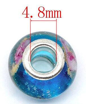 10 Perline Bracciale Europeo Vetro Lampwork Blu Acqua Nucleo Placcato Argento Nuovo - Foto 3 di 5