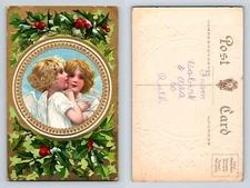 Christmas Wishes Postcard Cherubs Child Angels Holly Gilt Embossed Divided Back