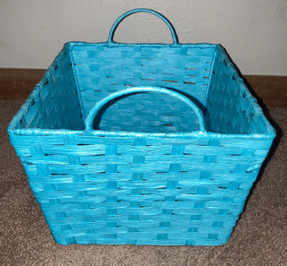 Aqua Woven Basket w/ Handles Colored Reed Storage Holder Home Decor Turquoise - Image 3 of 4