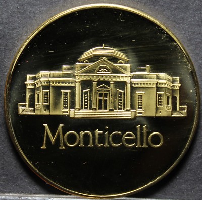 Thomas Jefferson 22k Gold Plated Medallion~Monticello~37.8mm~Free
