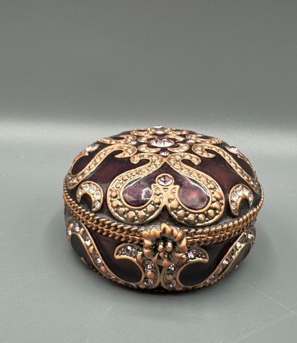 Enameled Jewel Box, 2" in diameter, 1 1/4" tall, blue and silver rhinestones