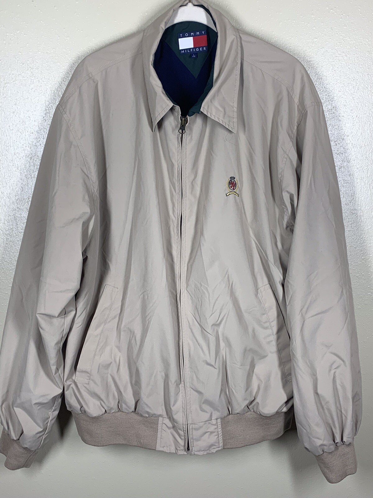 Tommy Hilfiger Mens Beige Lion Crest Fleece-Lined Bomber Jacket Size L