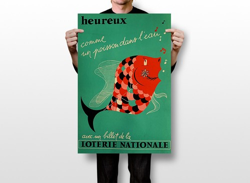 French Lottery Happy As Fish In Water 1950 Vintage Wall Art Home - POSTER 20x30 - Photo 2 sur 4