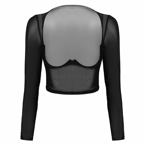 Women See-through Crop Top Mesh Sheer Open Front Long Sleeve T-shirt Tops Blouse - Picture 9 of 42