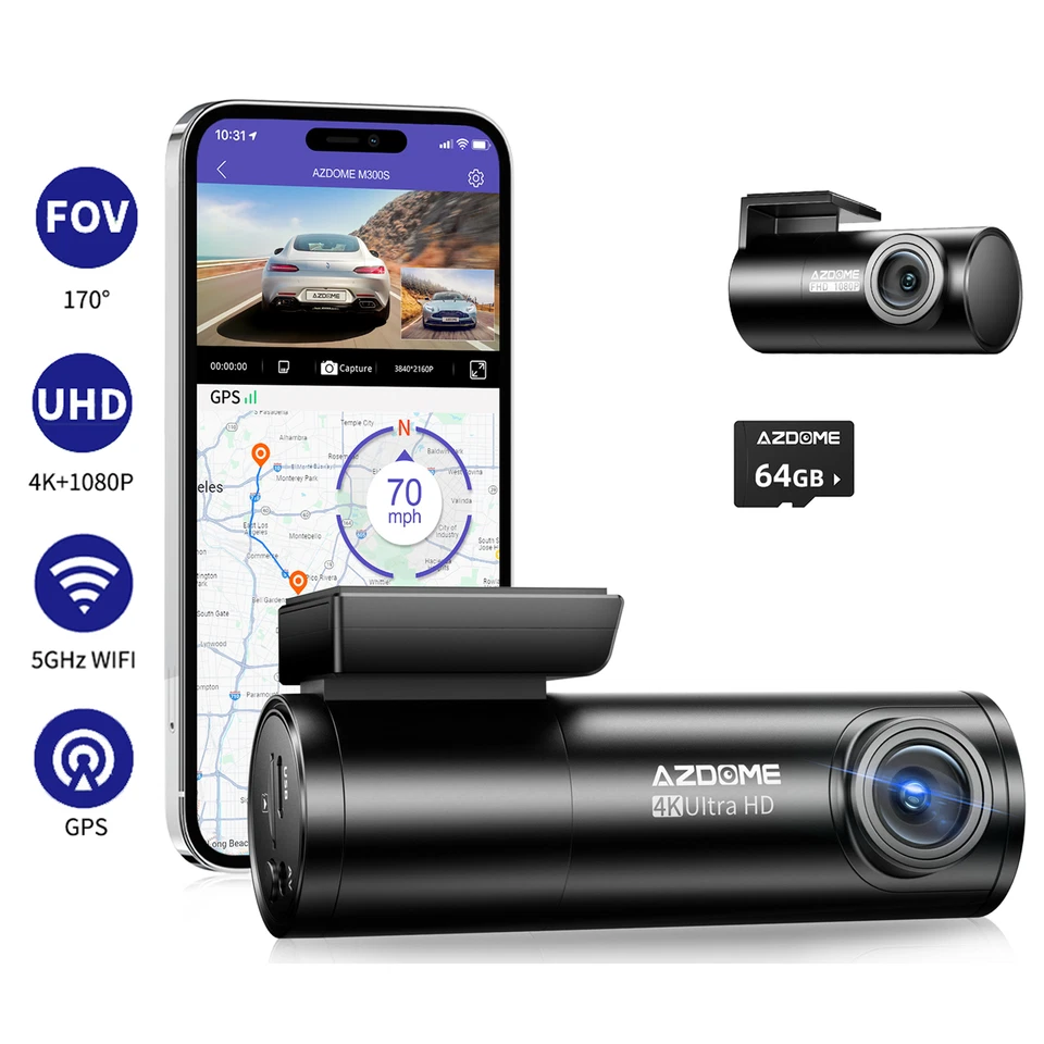 AZDOME True 4K Dash Cam Auto Kamera GPS 5GWiFi Sprachsteuerung Nachtsicht 64G TF