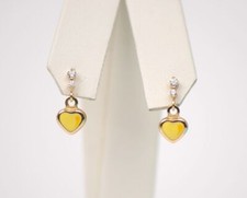 14K Solid Yellow Gold Heart Shape Enamel Dangle Screw Back Baby Earrings
