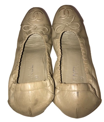 Chanel Beige Leder CC Bow Cap Toe Ballerinas Größe 38