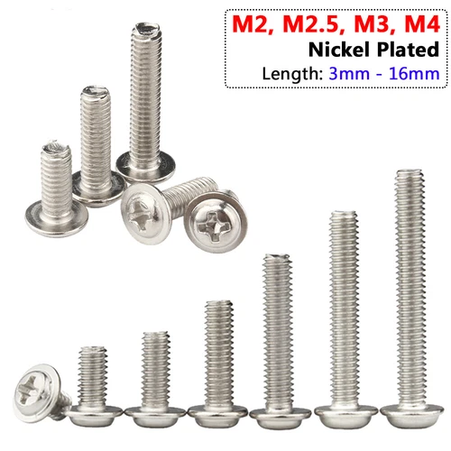 M2/2.5/3/4 Phillips Pan Washer Head Machine Screws for PC Laptop Nickel Plated