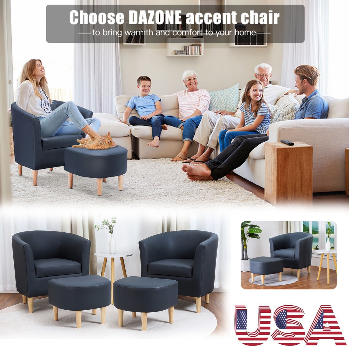 Modern Faux Leather Armchair with Ottoman Barrel Club Chair Single