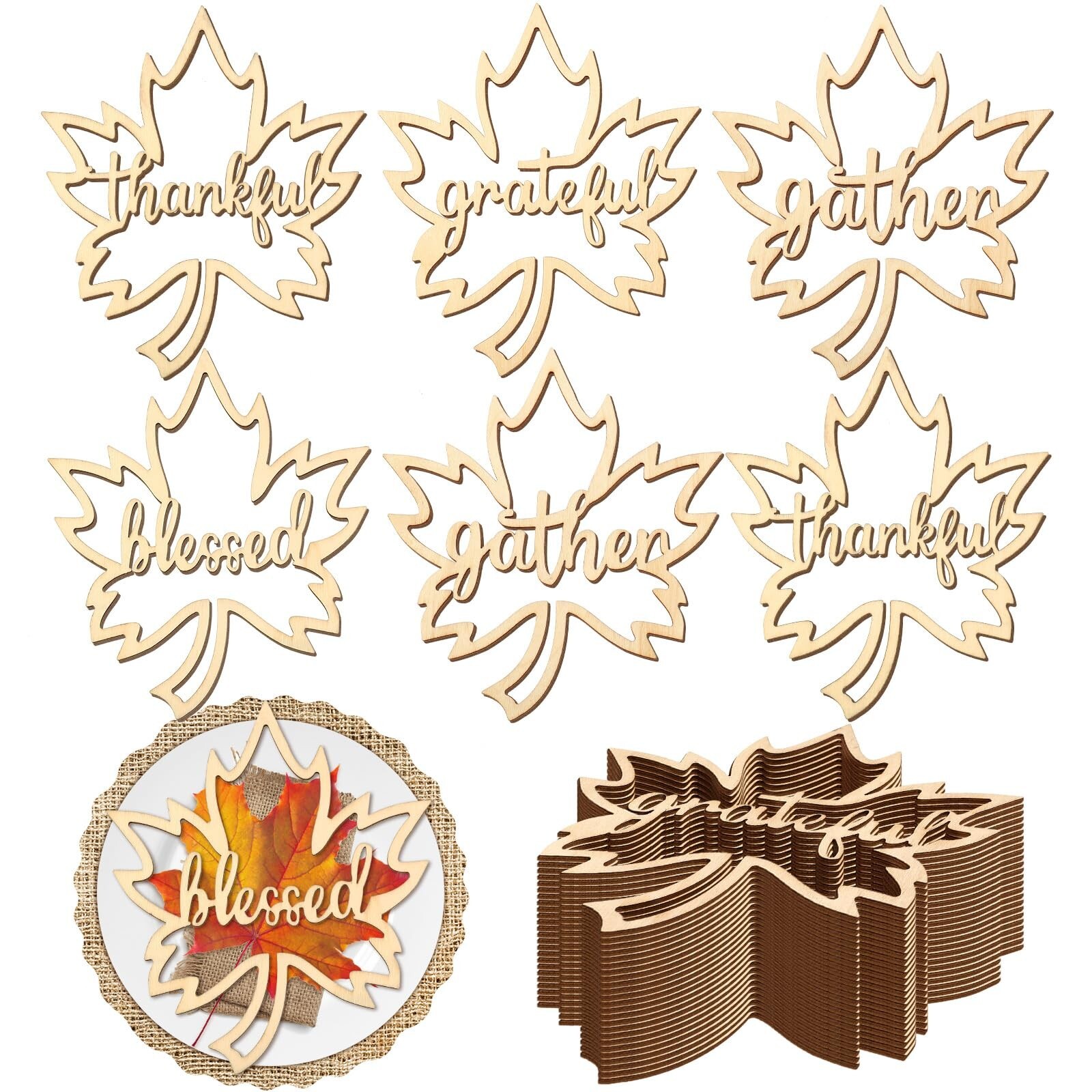 24 Pieces Fall Thanksgiving Maple Wooden Plate Decor Thankful Grateful Blesse...