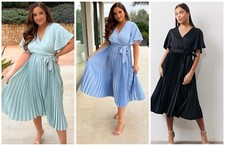 JAC JOSSA Pleated Midi Dress 10 12 14 16 18 20 & 24 Black Blue Sage IN THE STYLE