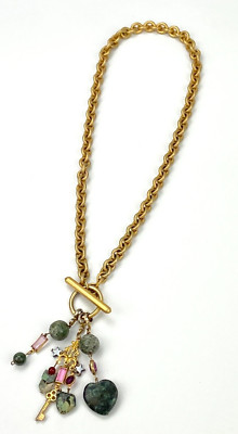 Gold Tone Toggle Chain Green Agate Key Charm Bezel Set Crystal Necklace 19''