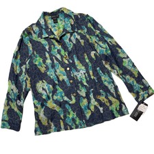 Womens Denim Lightweight Jacket Overshirt Blue Green Watercolor Embroidered Lg