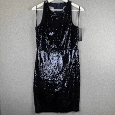 Lulus Womens Medium All Over Sequin Mini Dress Navy Blue Strappy Open Back NWT