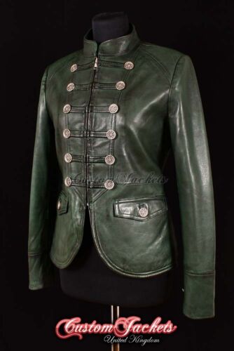 Ladies MILITARY PARADE Leather Jacket Dark Green Designer Studded Rock Jacket - Picture 1 of 13