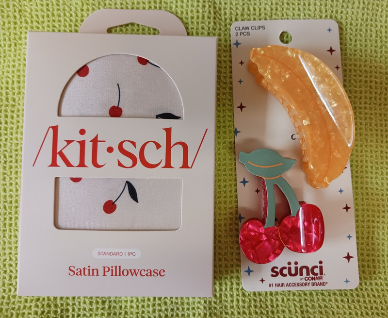 Kitsch Cherry Pattern Satin Pillowcase Standard Plus Scunci Claw Clip Set Fruit