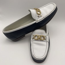 Salvatore Ferragamo Gancini Gold Bit Loafer US 8B NARROW Navy / White Leather