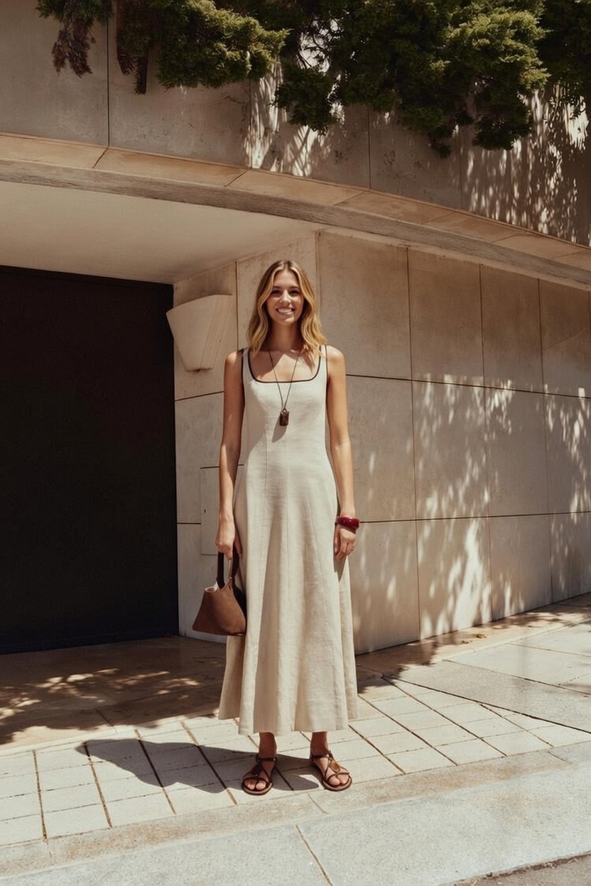 ❤️ZARA ZW COLLECTION RAMIE LIGHT BEIGE CONTRAST TRIM MIDI DRESS sz S 8214/939