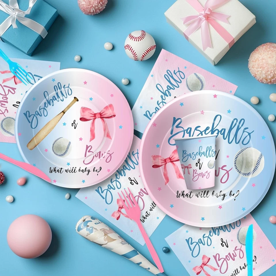 Vajilla desechable de béisbol y lazos para baby shower revelación de género - (2) manteles Foto 4 de 4