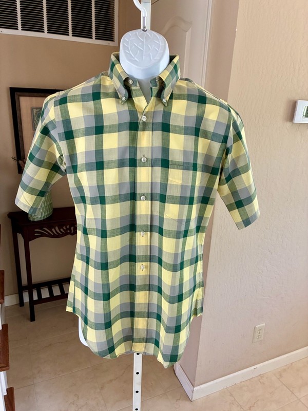 VTG Jay Briggs San Francisco Short Sleeve Shirt Green Yellow Plaid S 14 14 1/2