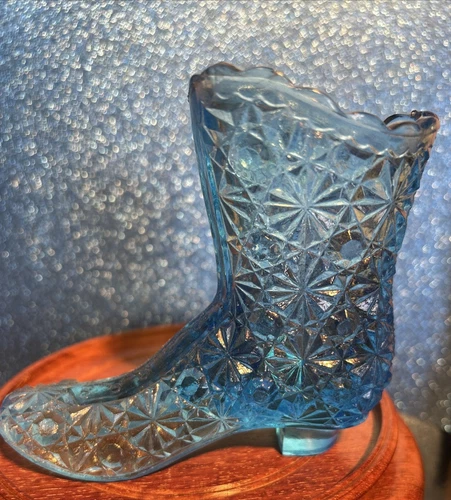 Vintage Fenton Lt.  Blue Daisy & Button Pressed Glass Boot Figurine 1967-75
