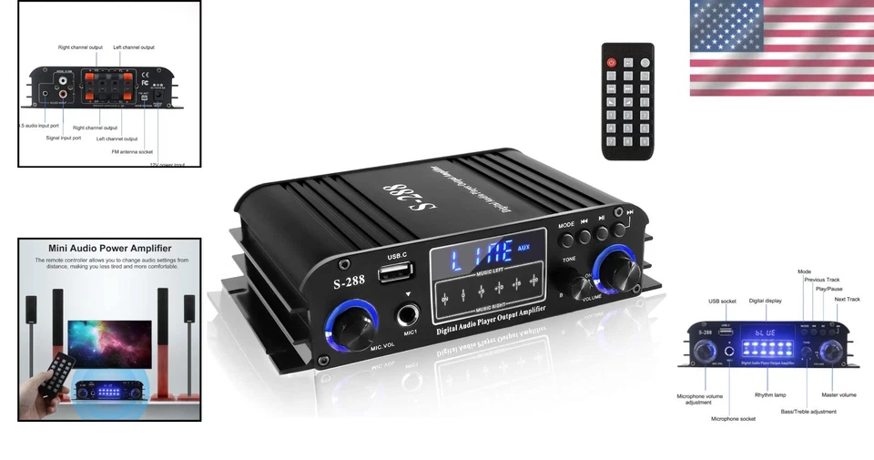 4 Channel Bluetooth 5.0 Stereo Power Amplifier 50Wx4 Home Theater Karaoke - Image 2 of 4