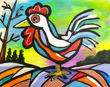 Original 16x20" Abstract, Pop Art, "Rooster" Painting, Vibrant Colorful Farm Art