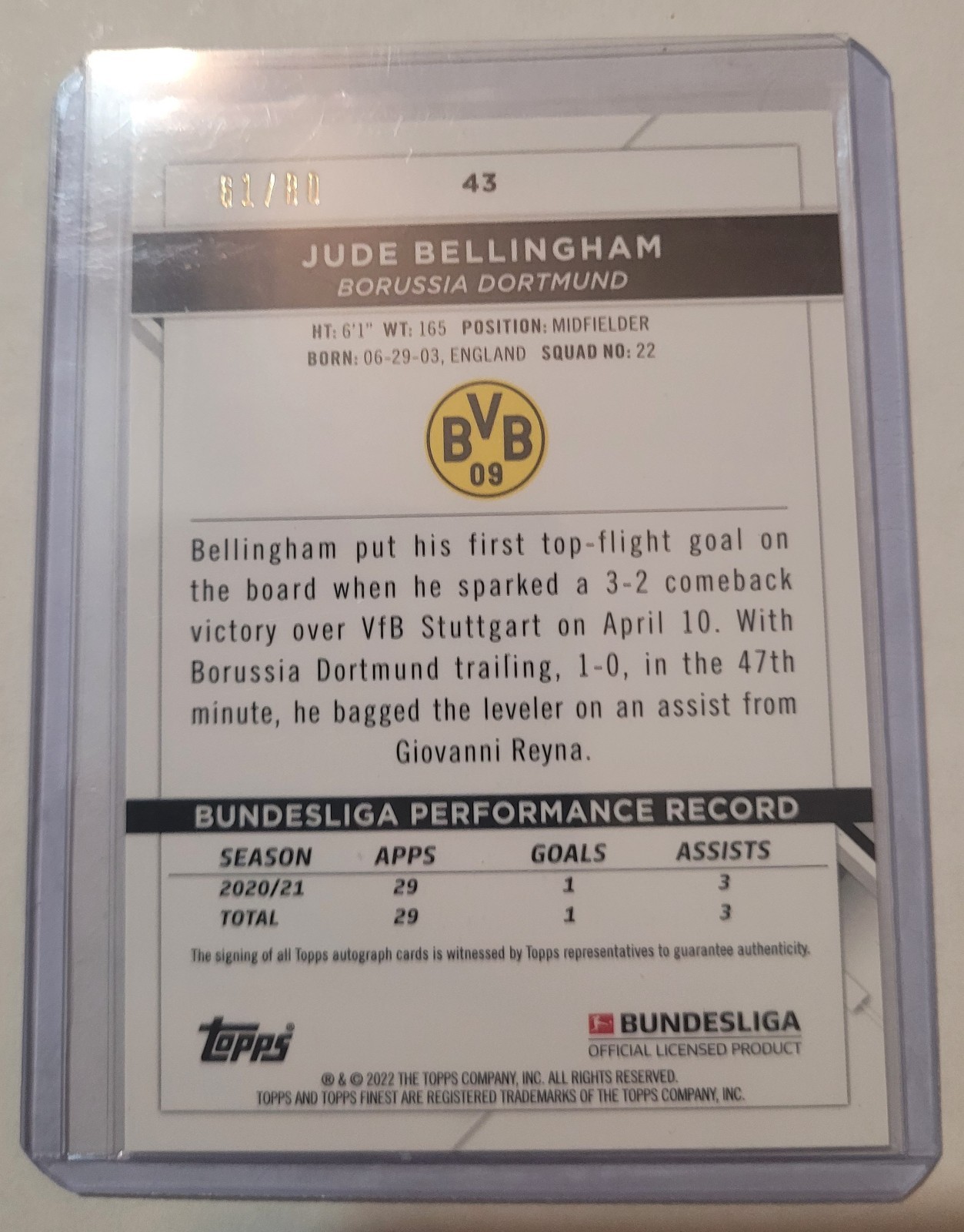 Jude Bellingham 2021-22 Topps Finest Bundesliga Purple Wave /80 Autograph view 2