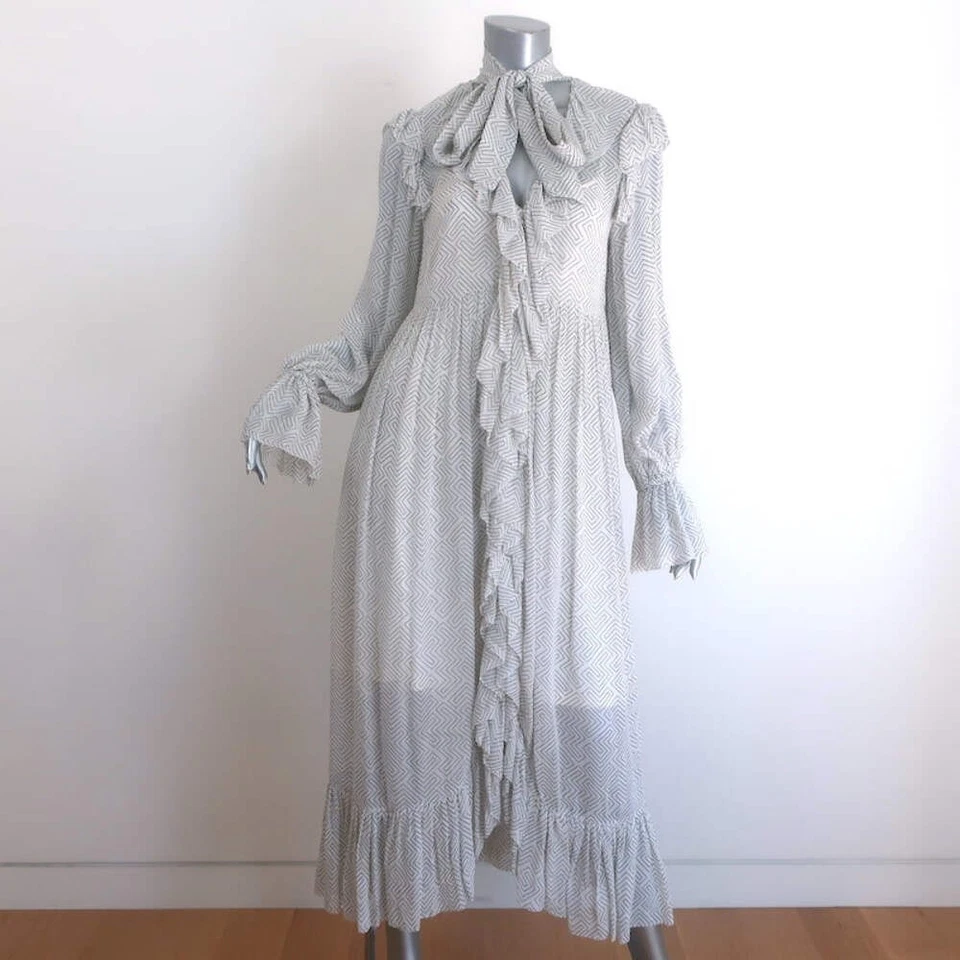 Maxi Vestido Zimmermann Coño Lazo Volantes Blanco Estampado Zig Zag Crepé Talla 1 Foto 2 de 4