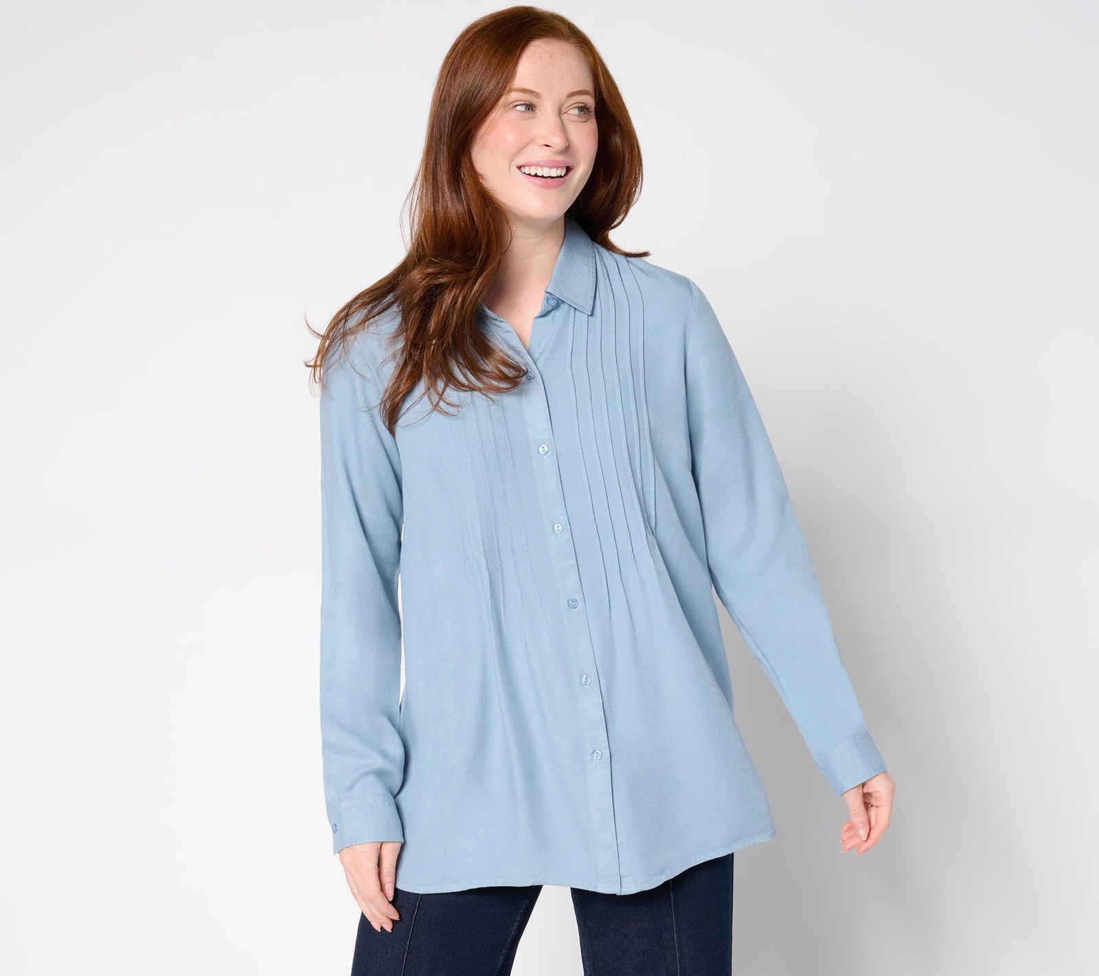 Coldwater Creek Women's Top Sz L Soft Touch Pintuck Shirt Blue A666569
