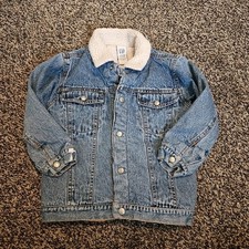 Gap Kids Boys 5 Blue Denim Jacket with Sherpa Collar Snap Button Trucker Winter