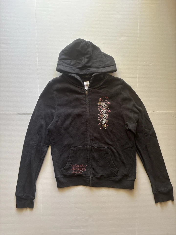Lindo suéter con capucha con cremallera Ed Hardy vintage de la década de 2000 talla L para mujer Y2K calaveras flores Foto 2 de 4