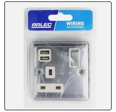 ARLEC 1 GANG 13a SCHALTSTECKDOSE 2x USB STECKDOSEN POLIERT CHROM WEISS EINSÄTZE