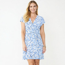 Nine West Faux Wrap Dress Large L Blue White Stretch Dolman Sleeve Tie Waist NWT